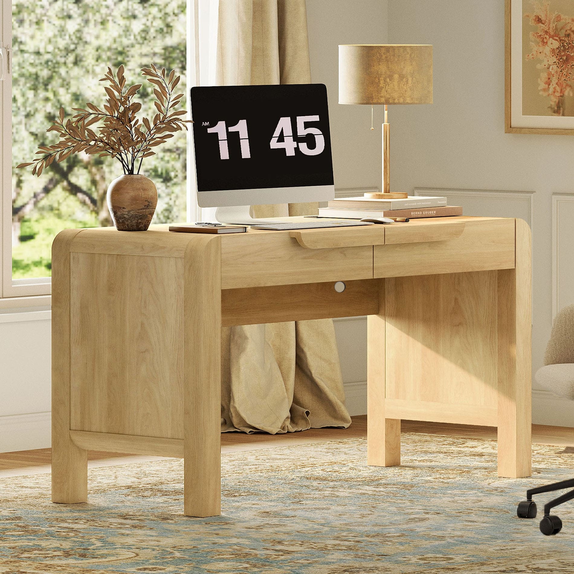 47.2"W Mid-century Modern Curved Waterfall Writing Desk With 2 Drawers，Wood Computer Desk With Charging Station