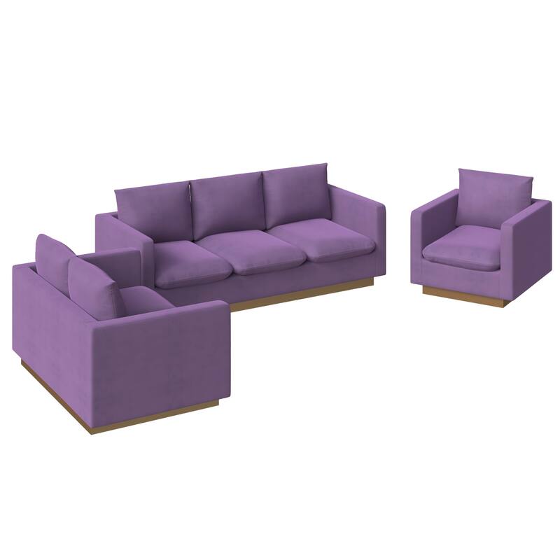 3-Piece Velvet Sofa Set with Brushed Gold Stainless Steel Base Nervo Series