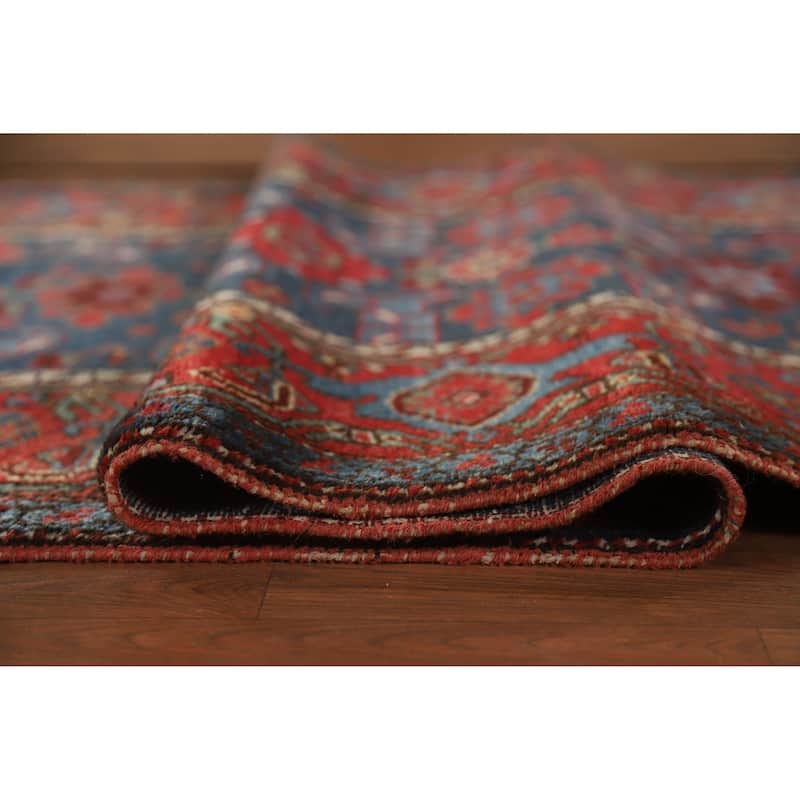 Hand Knotted Oriental 100% Wool Carpet Traditional Geometric Navy Blue & Blues Heriz Runner Rug - 15' 7'' X 3' 5''