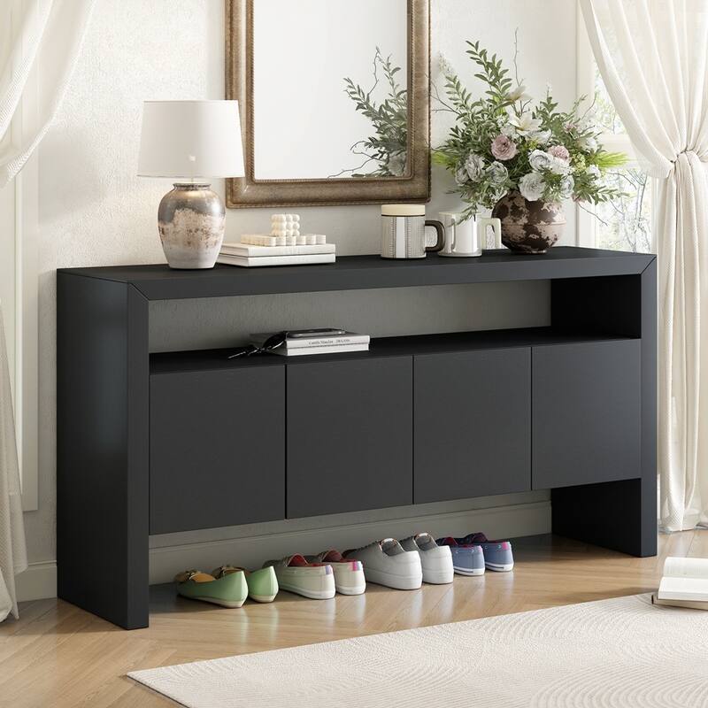 Solid Wood Veneer Sideboard with Open Shelf