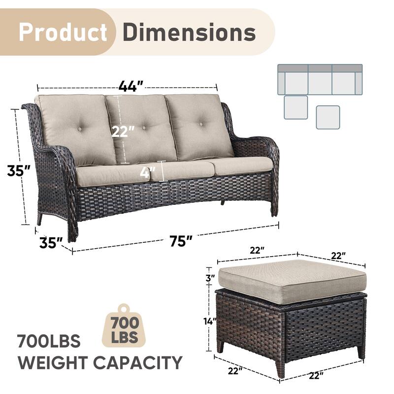 Gymojoy 3-Piece Outdoor Patio High-back Wicker Sectional Ottoman Set