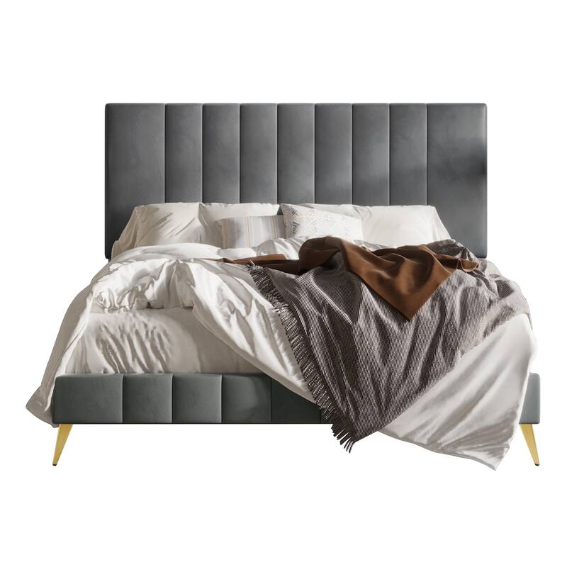 CraftPorch Modern Velvet Tufted Upholstered Gold Accent Platform Bed - Light Grey - Full