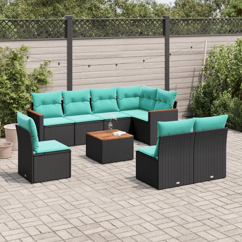 vidaXL 8 Piece Patio Sofa Set with Cushions Black Poly Rattan - 89.5x27.2x67.8- with table