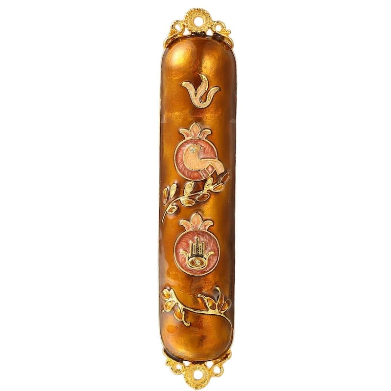Hand Painted Enamel Mezuzah Embellished with a Dove and Hamsa Design with Gold Accents and High Quality Crystals by Matashi - Gold
