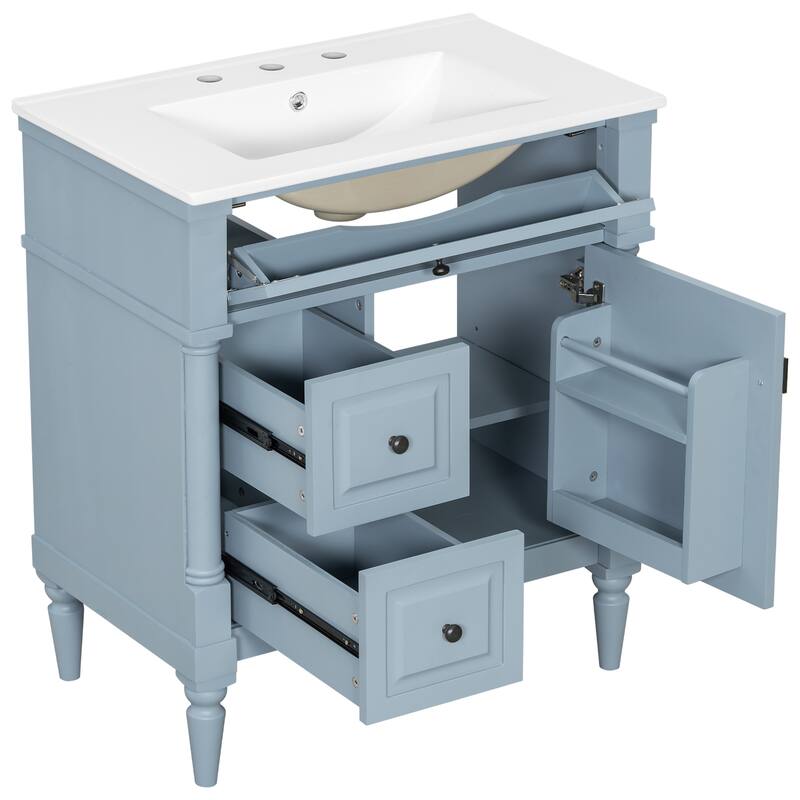 Roomfitters 30" Bathroom Vanity with Sink, Solid Wood Frame, Flip Drawer, 2 Drawers & Door Rack