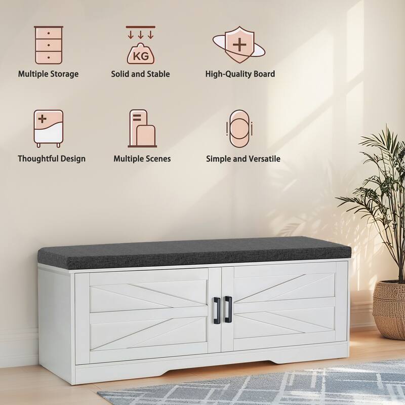 Farmhouse Shoe Storage Bench, 2 Tier Shoe Bench with Padded Seat Cushion & 2 Barn Doors& 2 Adjustable Shelves
