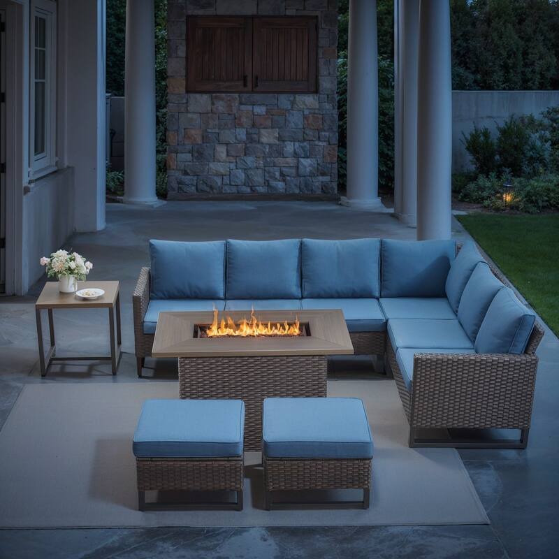 Patio Rattan Sofa Swivel Chair with Fire Pit Table - Blue cushion - Brown - Blue - Brown