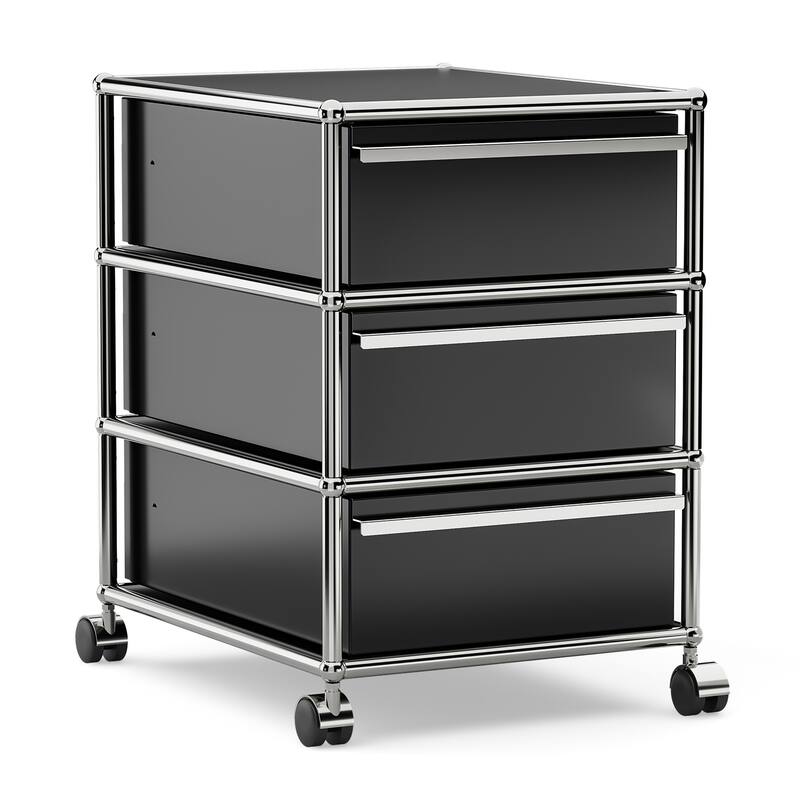 Modern 2/3-Drawer Wheel File Storage Cabinet with Stainless Metal - Black 3-layer Drawer