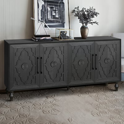 Black Wood Large Storage Cabinet with Carved Flower Door and Metal Handle Ideal for Living Room, Kitchen