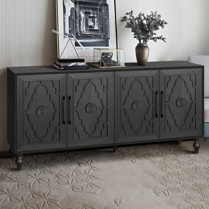 Carved Flower Door Large Storage Cabinet Sideboard Buffet