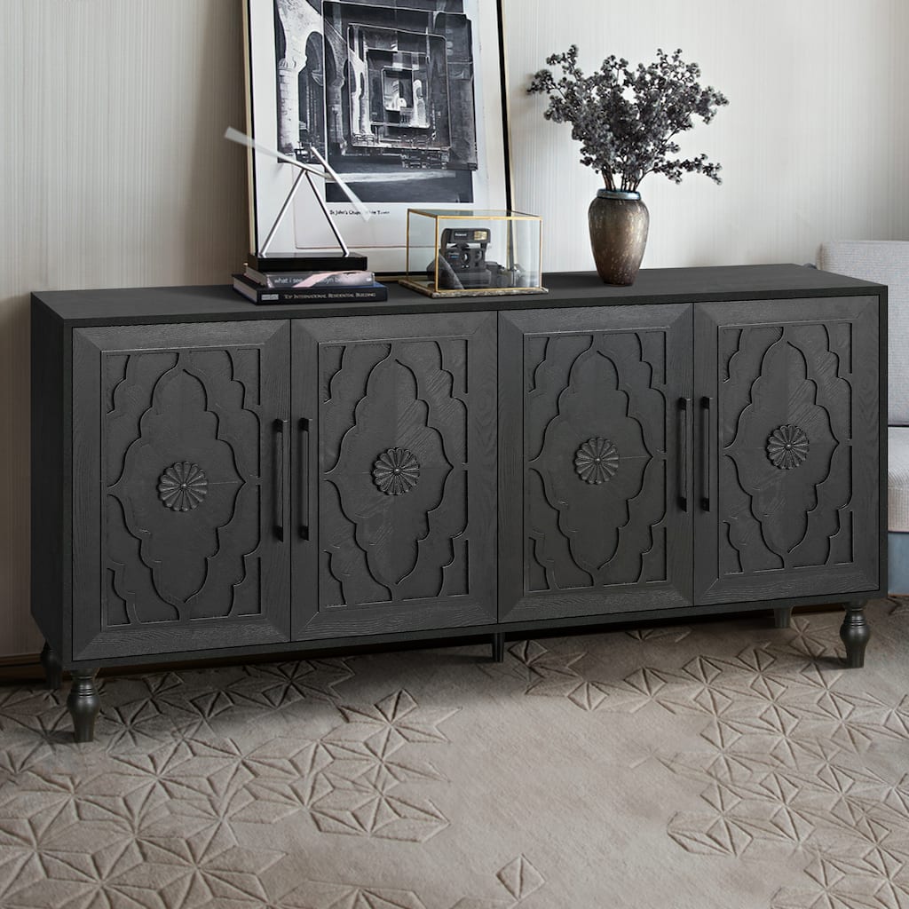 Carved Flower Door Large Storage Dresser With Metal Handle Suitable for Living Room,Kitchen,Entryway