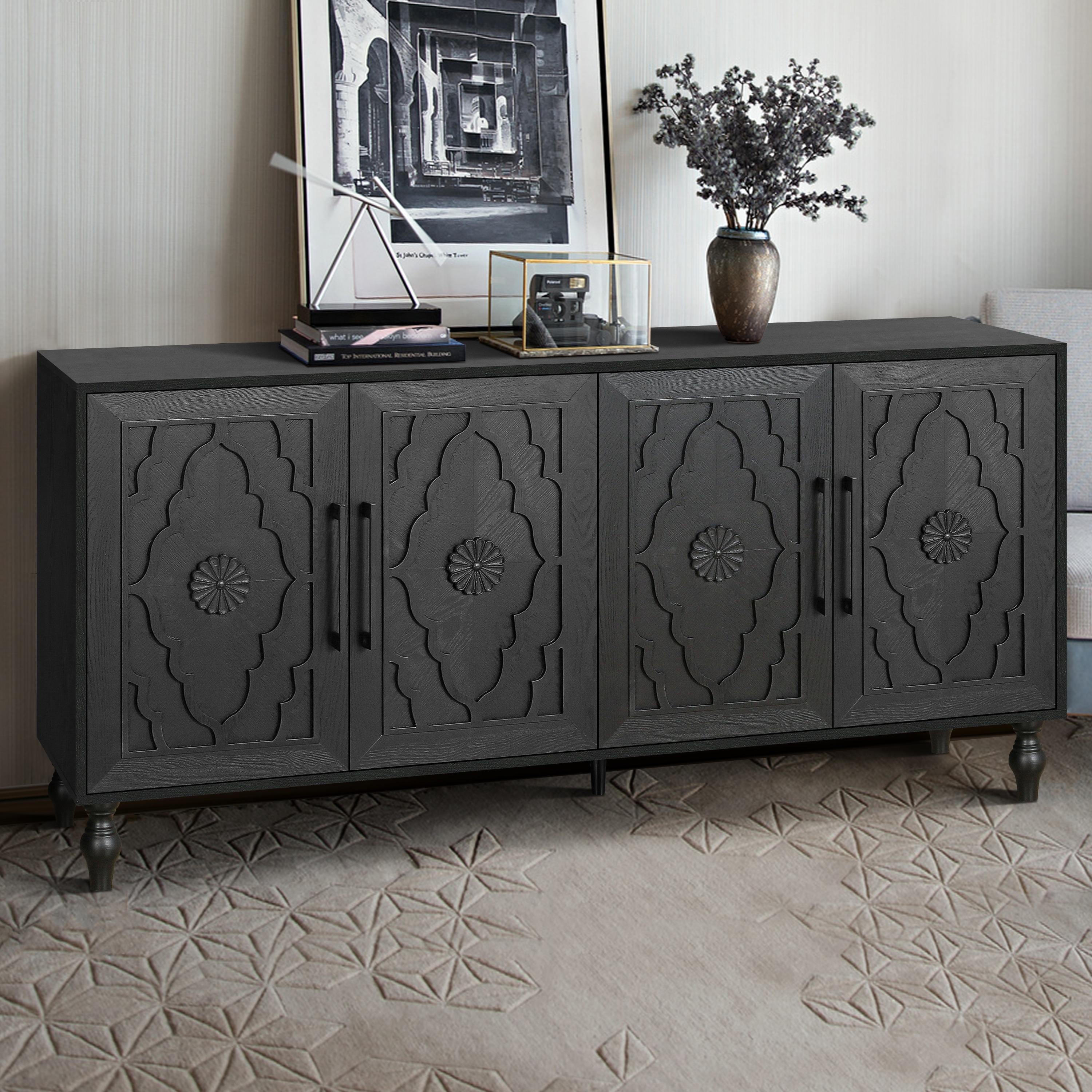 Natural Wood Storage Cabinet with Carved Doors & Metal Handles, Large Storage for Living Room, Kitchen, or Entryway