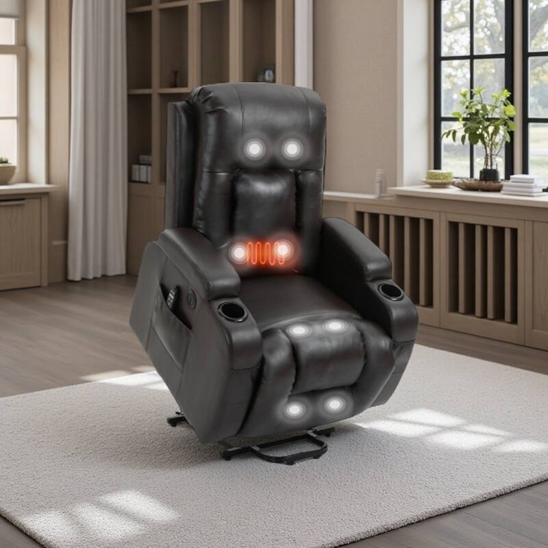 Heavy-Duty Power Lift Recliner with 8-Point Massage, Lumbar Heat Therapy, USB Charging, Dual Cup Holders, and Spacious Seating - Brown