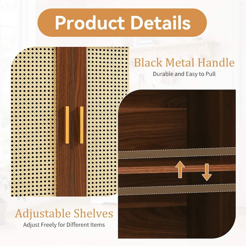 Rattan Accent Cabinet Storage Sideboard Buffet with 4 Doors