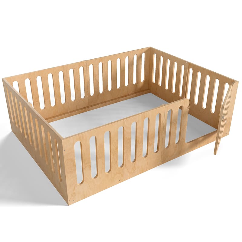Queen Size Floor Bed with High Fence for Kids, Solid Wood Kids Montessori Bed with Door, No Box Spring Needed Design
