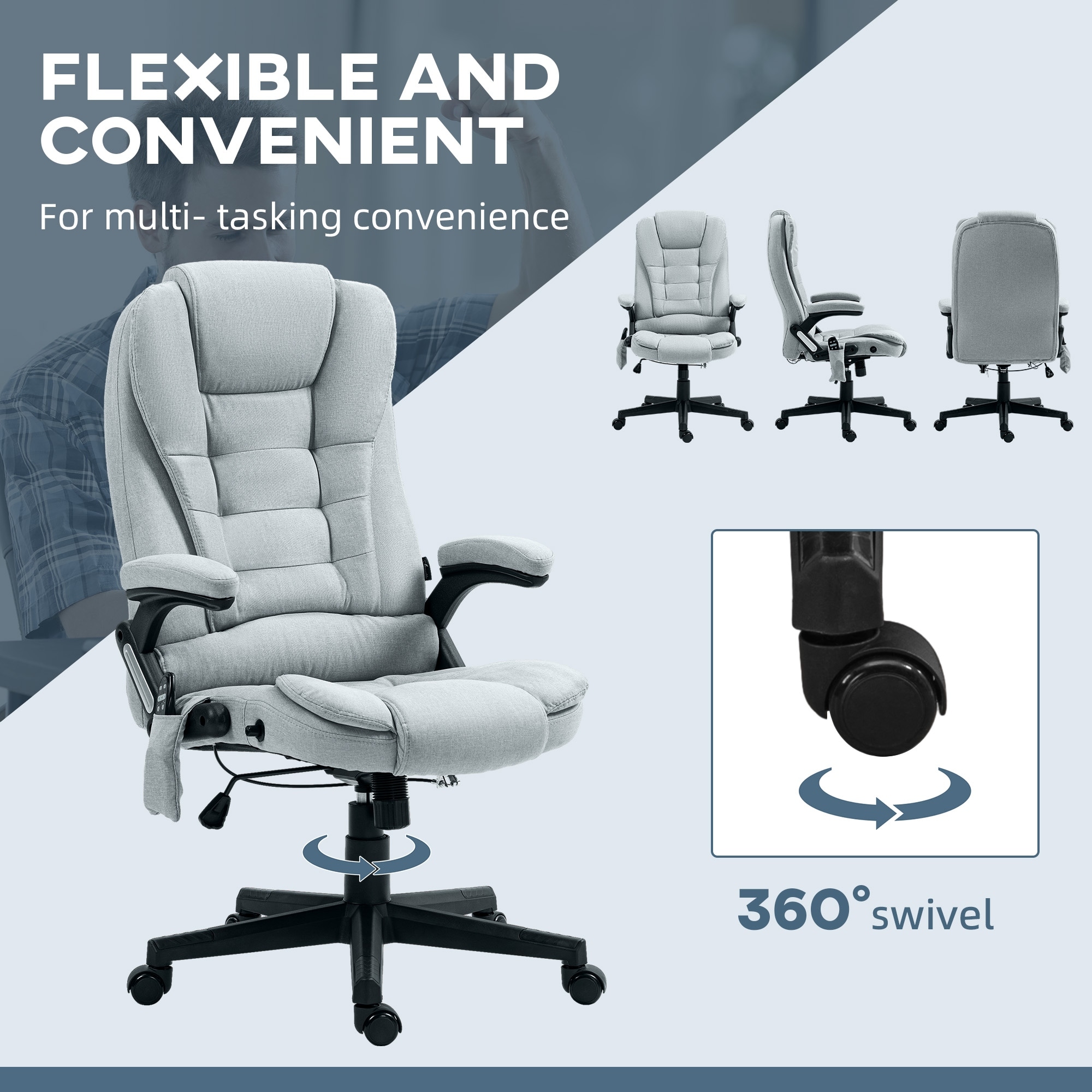 Swivel Office Chair with Heat & Massage, Linen High Back Executive Office Chair, Computer Chair with Reclining Backrest