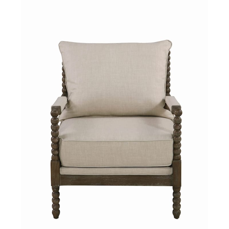 Cushioned Back Fabric Upholstered Spindle Accent Chair, Beige and Brown - N/A - Beige and Brown