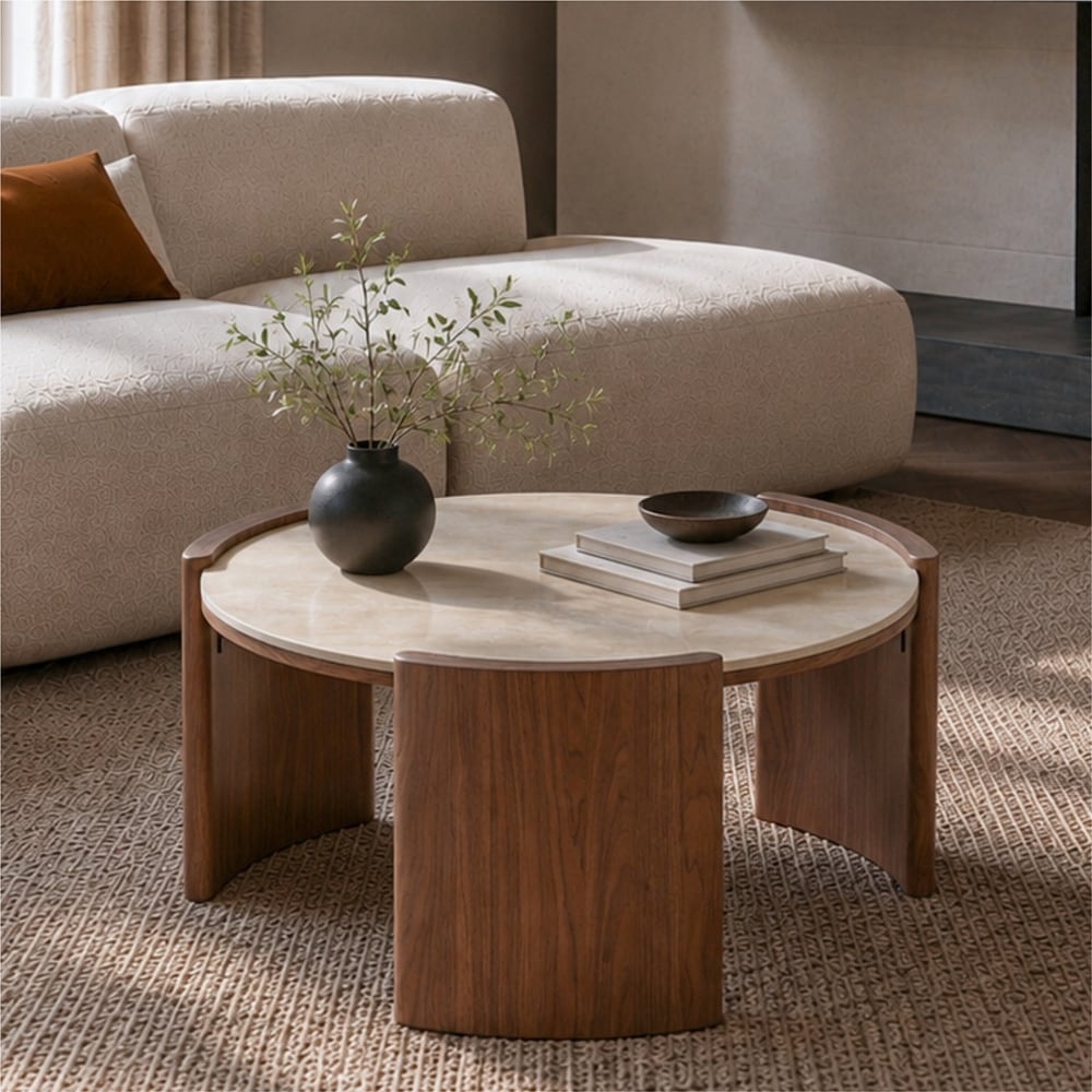 Round Sintered Stone Coffee Table, 31.5-Inch Glossy Travertine Look Center Table with Thick Walnut Slab Legs