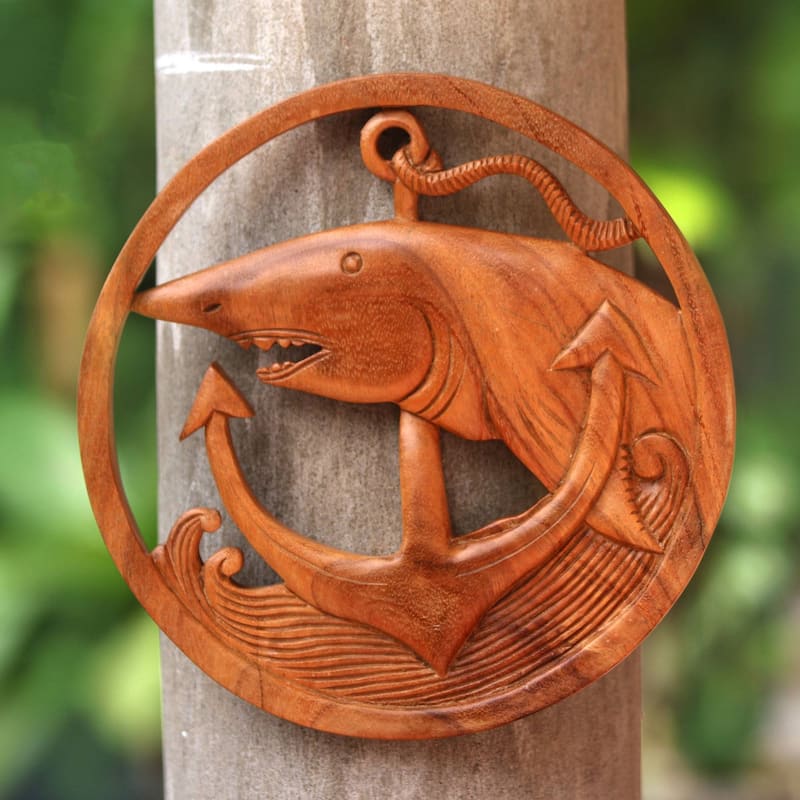 Novica Handmade Anchor Shark Wood Relief Panel - 0.8" H x 11" D