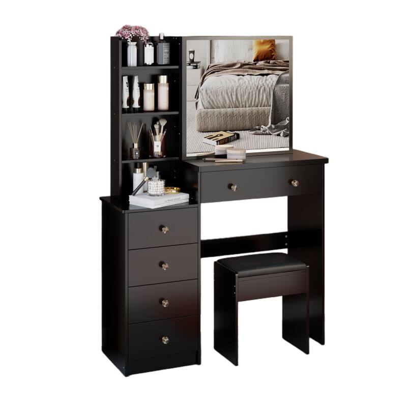 37" Full-Size Vanity Set with Sliding Mirror & Cushioned Stool