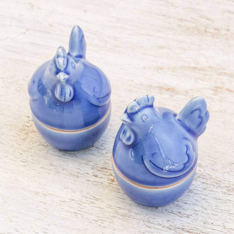 Handmade Hen Breakfast Ceramic Egg Cups (Pair) Thailand - 4.1" H x 3" W x 2.6" D