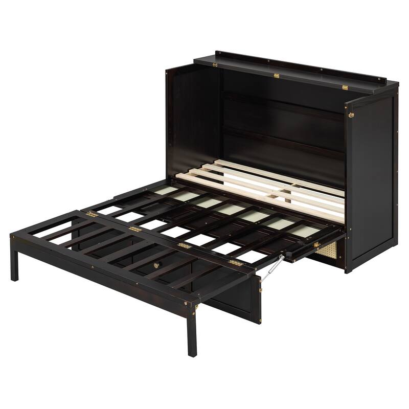 Rattan Weaving Accents Murphy Bed Full Size Foldable Wall Cabinet Bed with Underbed Storage Drawers and Golden Handles