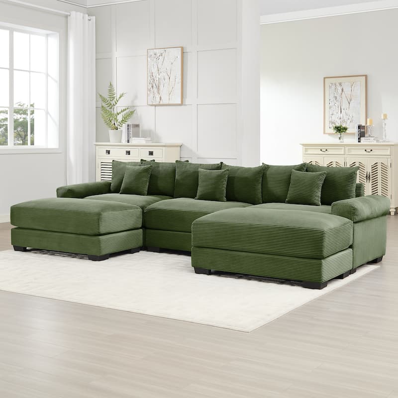 Roomfitters 130 Inch Modular Sectional Couch, Oversized Corduroy 3-Seater with Deep Seats - Green 130"  U-Shape