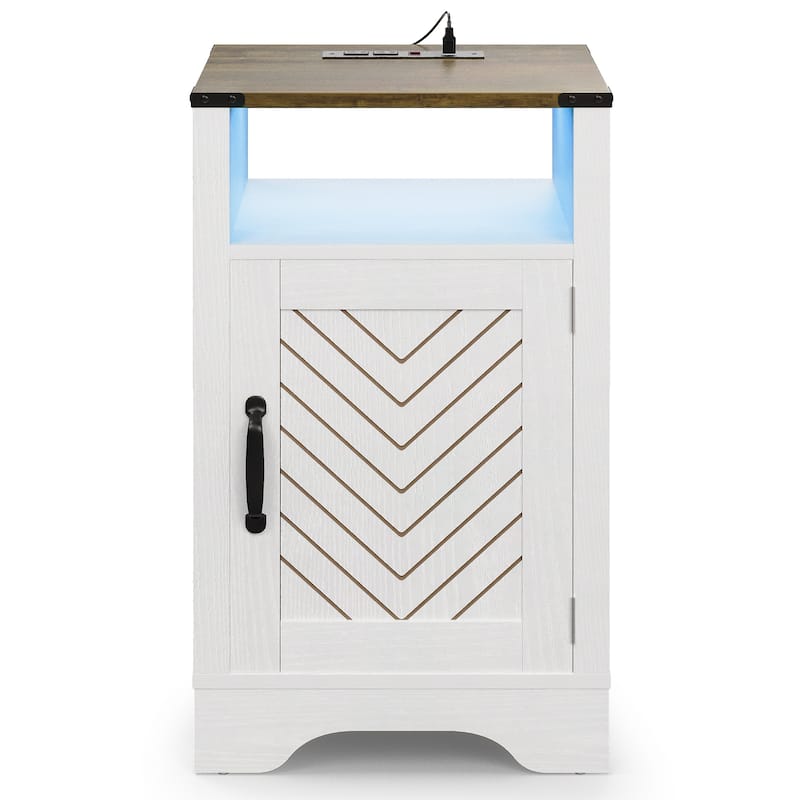 Farmhouse Nightstand With LED Lights and Charging Station