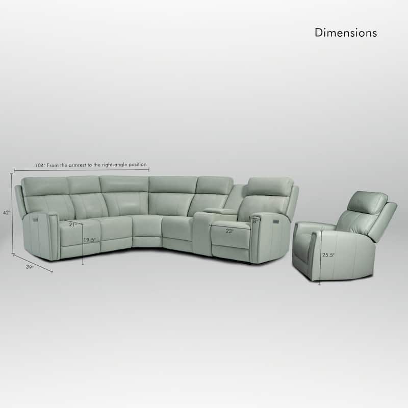 104" W 6 Seater Genuine Leather Power Sectional and 39" W Recliner Set with Zero Gravity, USB Ports, 2 Stationary Armlesschairs