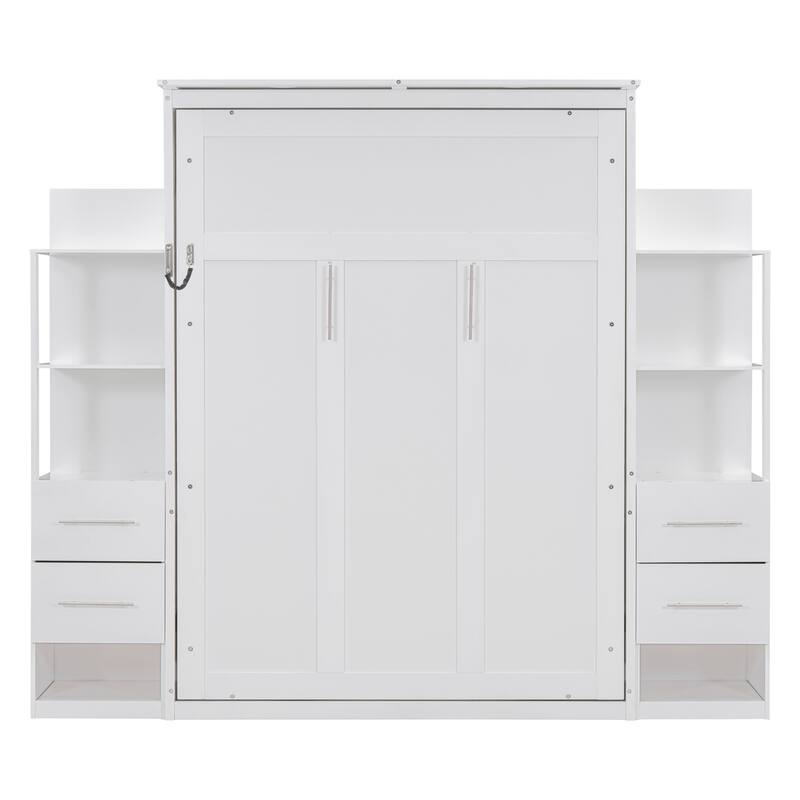 Roomfitters Wall Murphy Bed with Shelves Drawers and LED Lights MDF, White