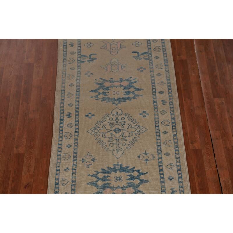 Hand Knotted Oriental 100% Wool Carpet Transitional Geometric Beige & Ivories Oushak Runner Rug - 14' 2'' X 3' 4''