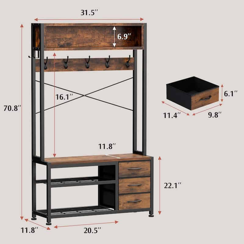 5-in-1Hall Tree Entryway Shoe Rack with 7 Hooks& 3 Drawers