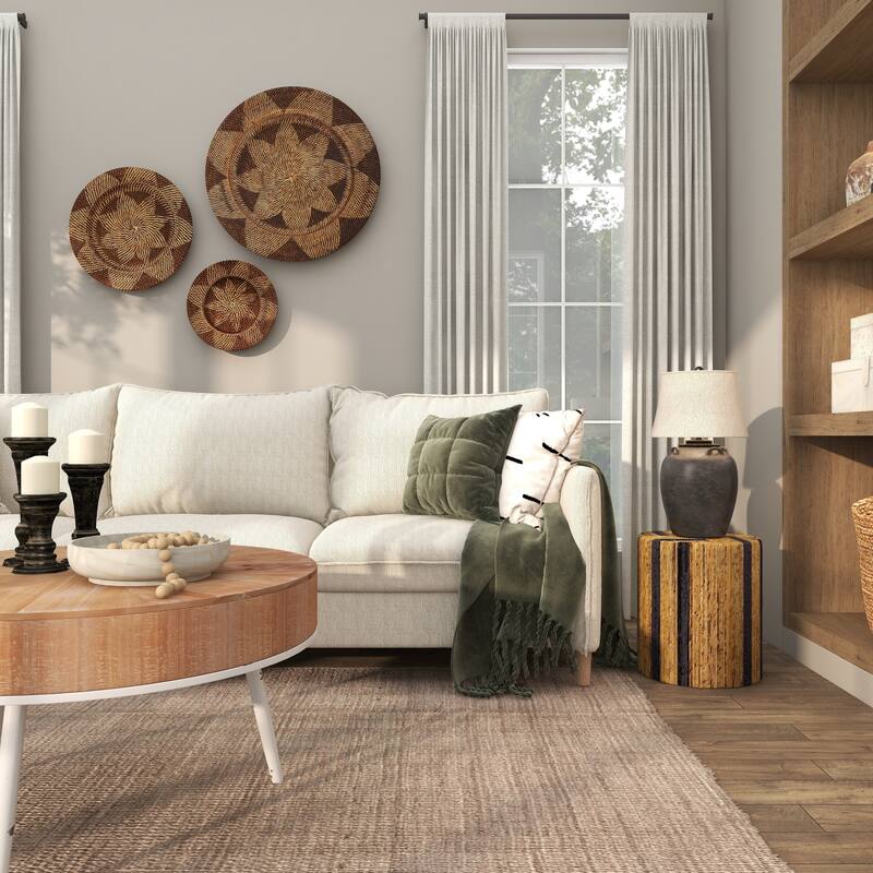 Brown Banana Leaf Handmade Linear Wrapped Accent Table with Navy Stripes