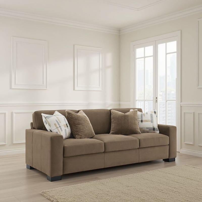 Lenu Modern Sofa w 4 Accent Pillows, Soft Brown Suede Fabric, 89 Inch