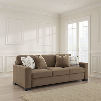 Lenu Modern Sofa w 4 Accent Pillows, Soft Brown Suede Fabric, 89 Inch