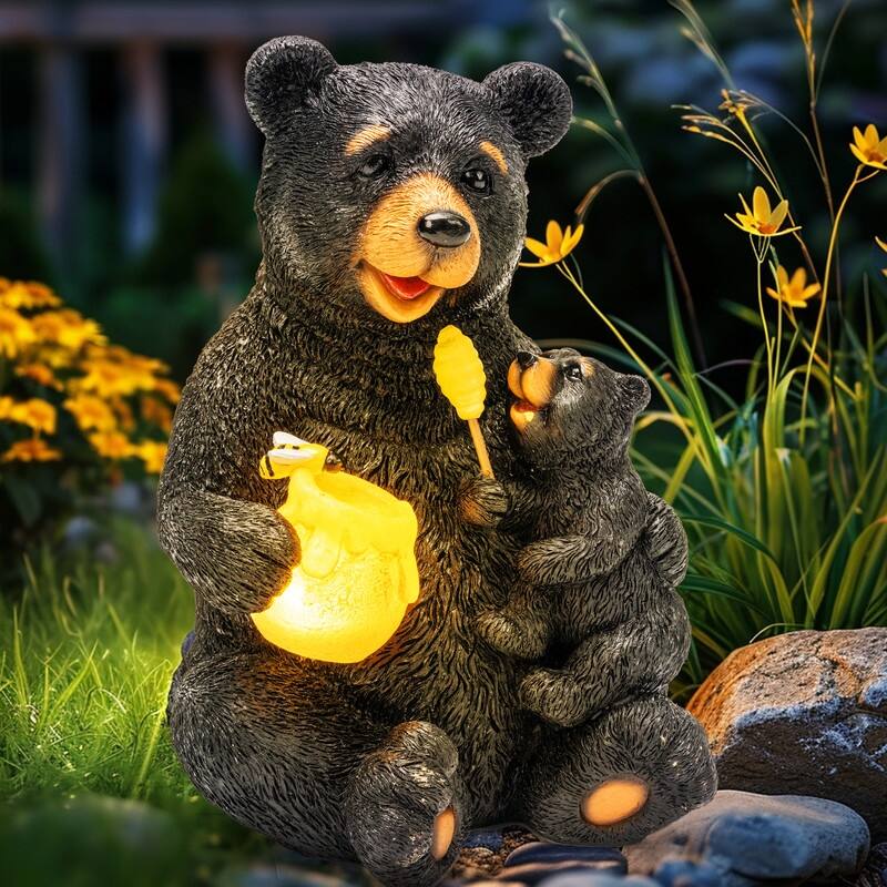Solar Mother & Child Bears Statue for Outdoor Garden Decor with LED Lights - 6 in. x 6 in. 9 in. - Black