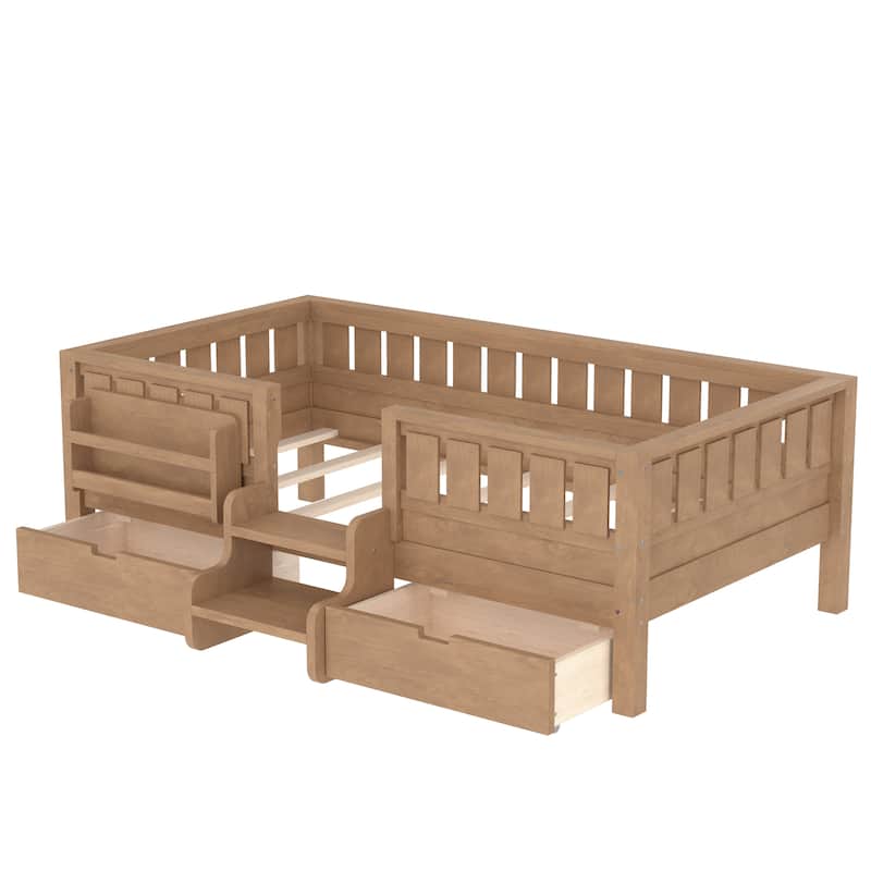 Multiple Colors Toddler Montessori Bed Children's Platform Bed with Low Profile Stairs, Built-in Bookshelf and Storage Drawers