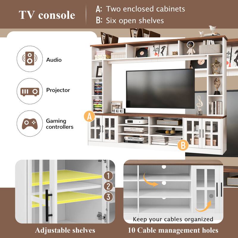 95.5" Entertainment Center for TVs up to 80", Media Console with Tempered Glass Doors & Bookshelves