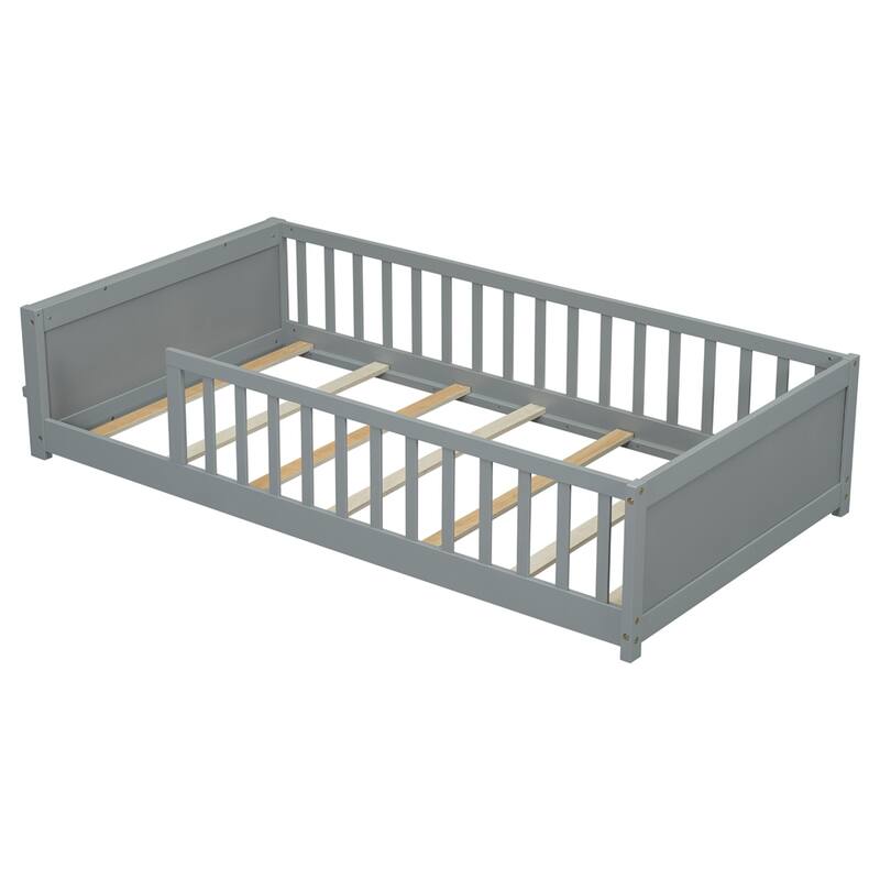 Twin Size Wood Floor Platform Bed with Built-in Book Storage Rack