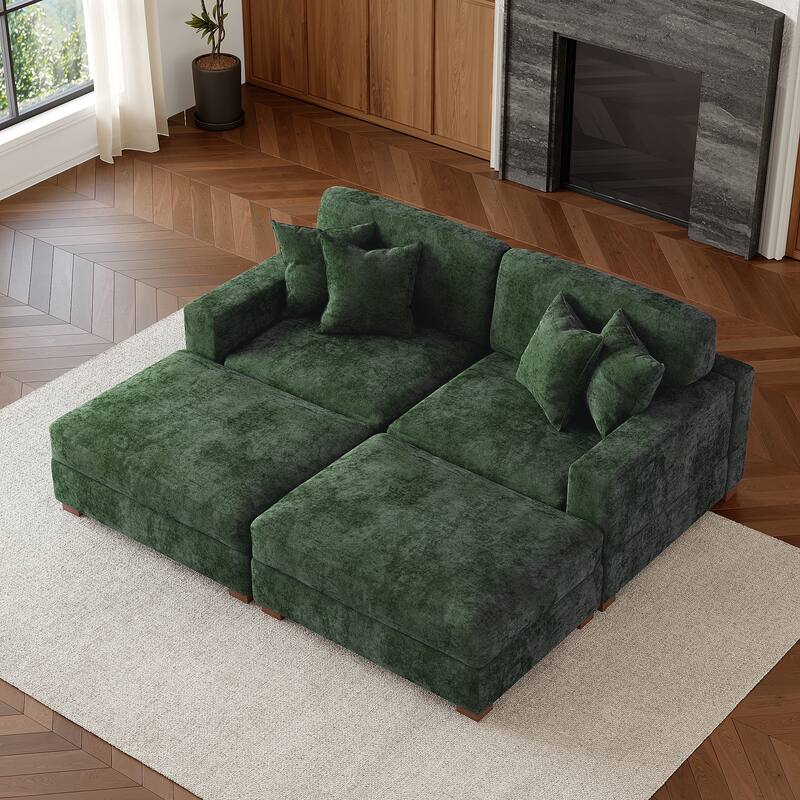 Oversized Chenille Modular Sectional Sofa Conversation Set with 2 Ottomans - Green/4 Piece