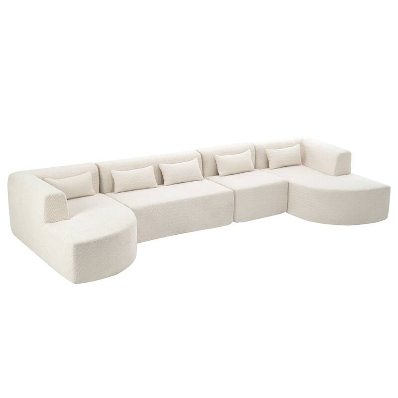 143.7" Polyester Upholstered Sectional Sofa, Two Chaise Lounges with Five Back Pillows
