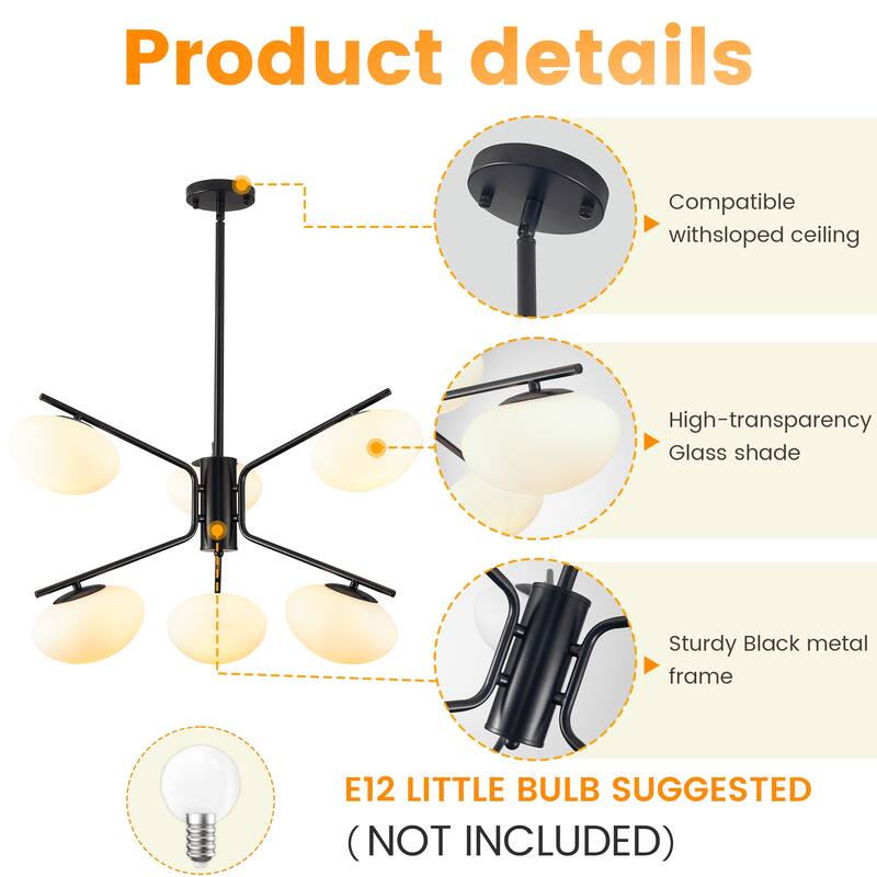 Black Modern Chandelier, 6-LightPendant Light with Glass Shade