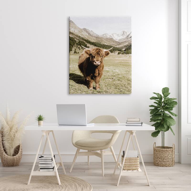 Stupell Countryside Highland Cattle Distant Mountain Longhorn Photograph Canvas Wall Art - Green