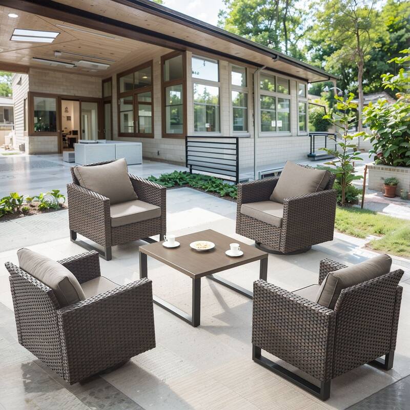 Gymojoy 5-Piece Outdoor Wicker Furniture Set - 2 Swivel Glider Chairs, 2 Patio Chairs & Coffee Table - Grey - 5-Piece