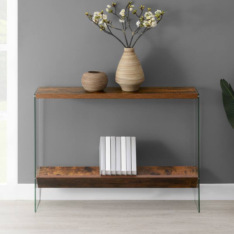 Convenience Concepts SoHo Glass V Console Table with Shelf - Barnwood/Glass
