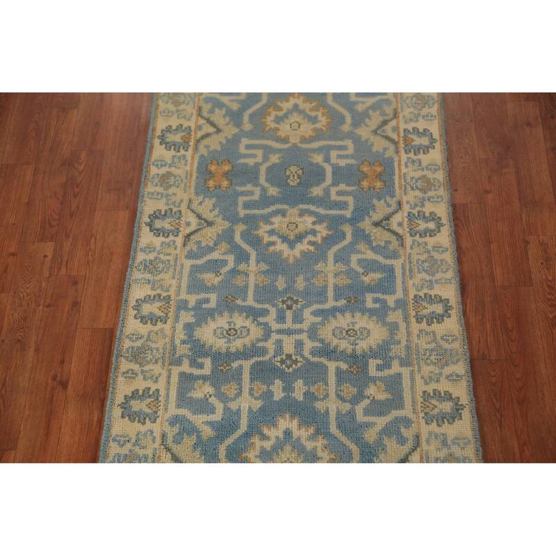 Blue Geometric Oushak Indian Runner Rug Hand-Knotted Wool Carpet - 2'7"x 7'9"