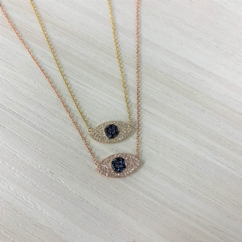 Joelle Collection Evil Eye Necklace 14K Gold Diamond & Sapphire