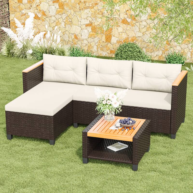 3-Piece L-Shaped Wicker Patio Set with Cushions & Table