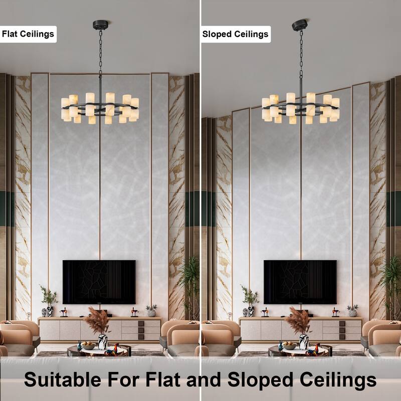 Modern Alabaster Glass Chandelier, Round or Linear Pendant Light with Up & Down Shades, D600-L1370, Copper or Black Finish