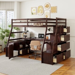 Full Size Loft Bed Wood Storage Bed Frame with Build-in Study Desk, Storage Stairs, Shelves, Drawers for Kids, Teens - Espresso